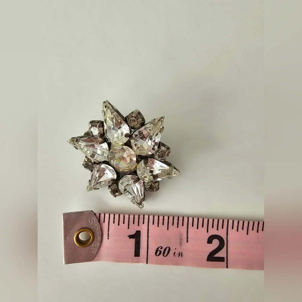 Vintage Starburst Brooch Clear Rhinestone Mid Century Modern MCM Atomic Sunburst